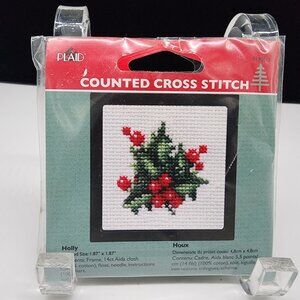 Mini Counted Cross Stitch Kit Holly With Frame By Plaid Red & Green Christmas